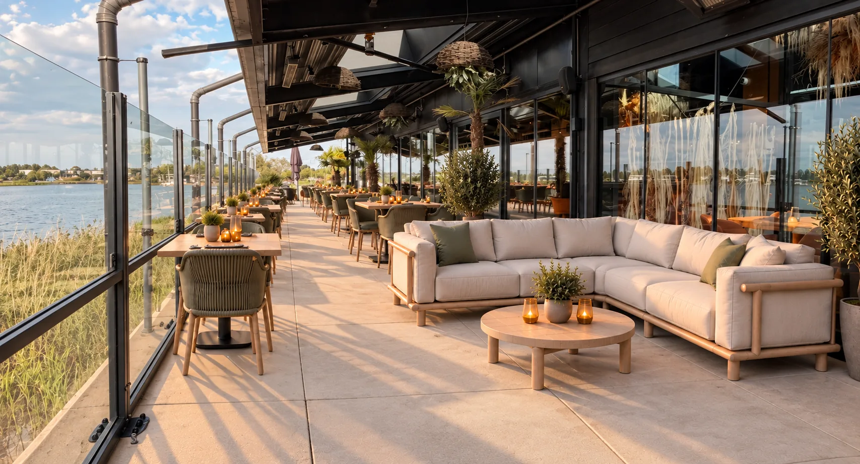 Visualisatie van een professioneel ingericht terras met lounge- en eetmeubilair