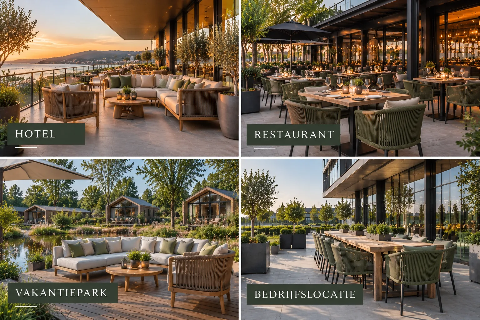 Voorbeeldvisualisaties van buitenruimtes bij een hotel, restaurant, vakantiepark en bedrijfslocatie